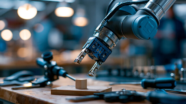 A robotic gripper holding a small cube on a workshop bench with calibration tools nearby, robotic gripper, cube manipulation, calibration tools, robotics design, modern