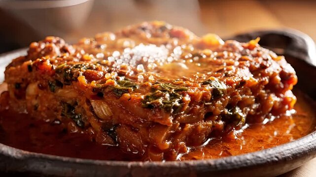Delicious Steaming Lasagna with Rich Tomato Sauce and Herbs.