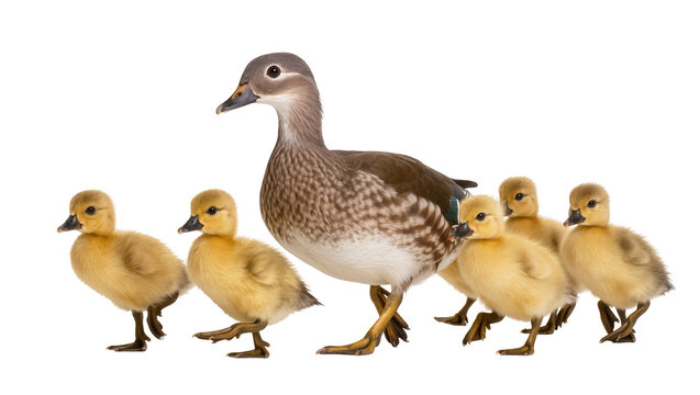 Mother duck and her ducklings walking together, isolated on transparent background