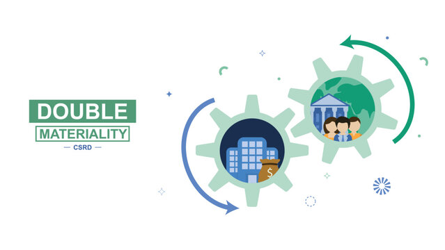 Double materiality gears infographic banner concept. Infographic showing double materiality with gears, financial impact, and ESG factors for CSRD reporting. CSRD banner. Vector illustration
