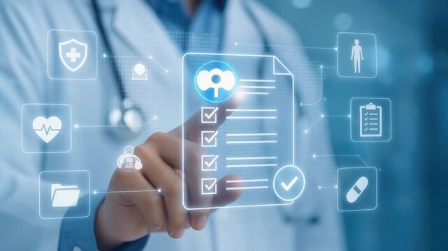 Medical doctor interacting with futuristic digital health icons and patient checklist for healthcare technology