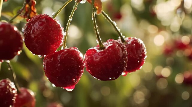 Close up of fresh red cherries with water drops hanging on a cherry tree branch in a summer garden