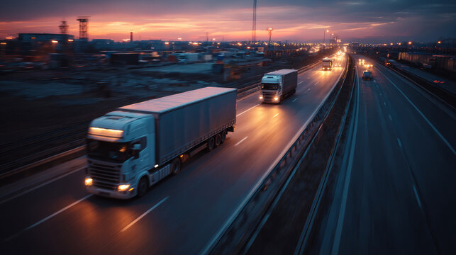 Tracking shot of a truck convoy on highway at dusk, long exposure motion blur, sunset tones, cinematic. Generative AI image
