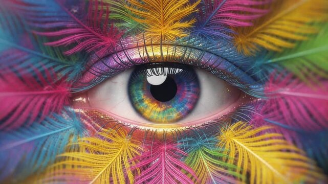 Close up of a colorful human eye surrounded by vibrant rainbow feathers in a creative artistic composition