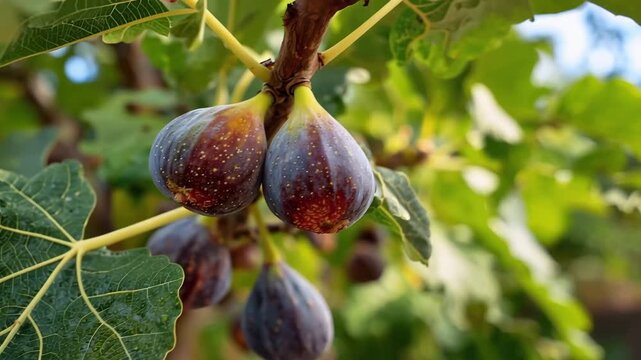 Closeup of delicious ripe figs growing on a tree with green leaves in a sunlit garden