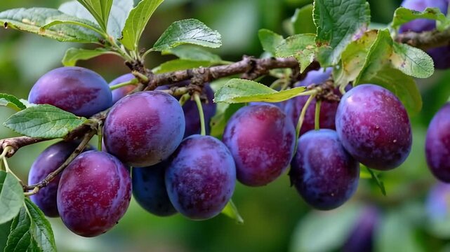 Abundant ripe purple plums hanging on a branch in an orchard, swaying gently in the summer breeze