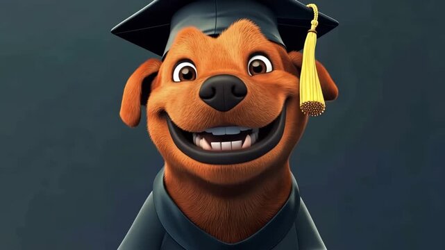 Funny animated dog character wearing a graduation cap and gown celebrating his academic achievement