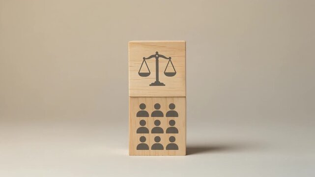 Concept of justice and equality with wooden blocks showing scales and people icons on plain background