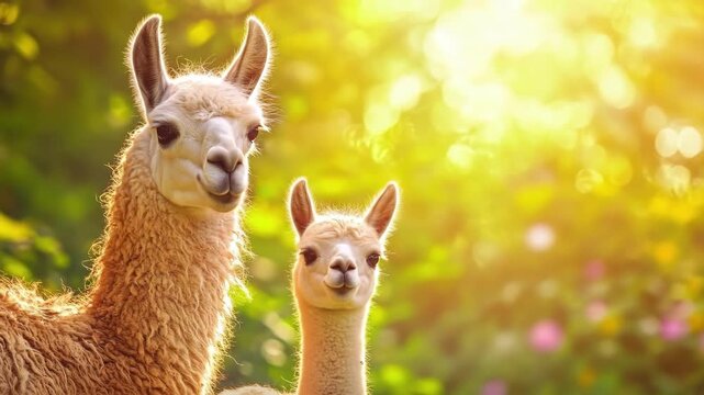 Llamas in sunlit forest: bonding in nature's warm glow. Mother's Day, Mothering Sunday, Dia de la Madre - Global Maternal Celebration, Worldwide Family Holiday