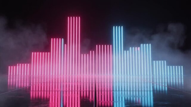 Colorful neon light bars with vibrant pink and blue reflections on glossy floor in futuristic setting