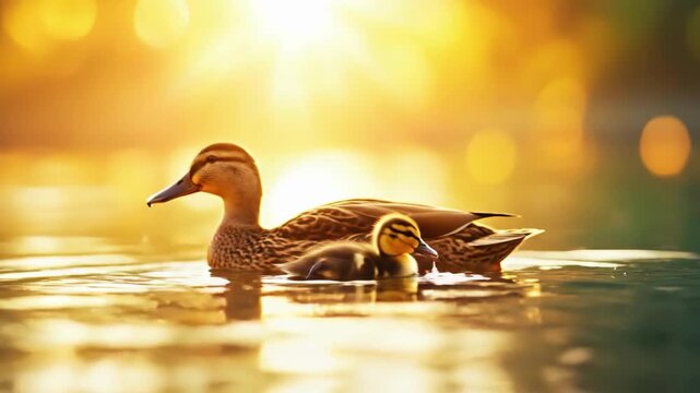 Peaceful duck and duckling swimming at sunrise in golden light. Mother's Day, Mothering Sunday, Dia de la Madre - Global Maternal Celebration, Worldwide Family Holiday