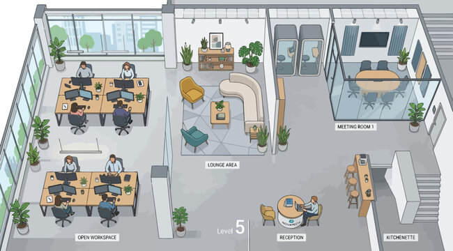 Modern office level 5 layout with open workspace and meeting rooms