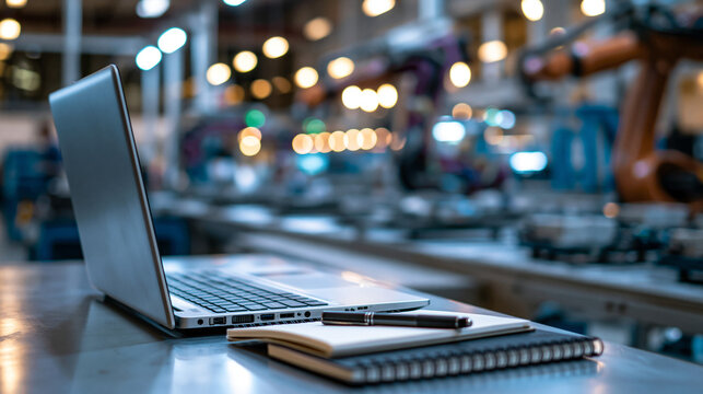 A laptop and notebook on a factory floor table with robotic arms automating electronics assembly in soft blur, diverse factory, electronics assembly, automatic conveyor, ai