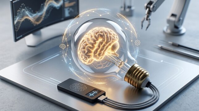 Light bulb with brain design glowing on desk with remote control and monitor
