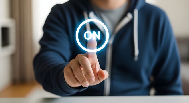 Digital 'ON' button, glowing blue interface, finger activating a virtual switch
