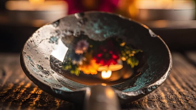 Mystical Crystal Ball Reflecting Candlelight and Flowers on Wooden Table.