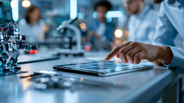 A digital tablet running cad software on an industrial workbench with calipers and a robotic prototype, industry 4.0, plant engineer setup, cad software, smart factory technician,