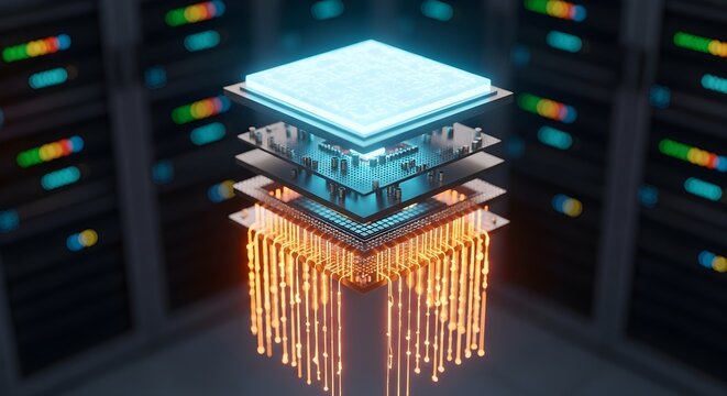 Futuristic CPU, glowing microchip, server room, data processing, artificial intelligence