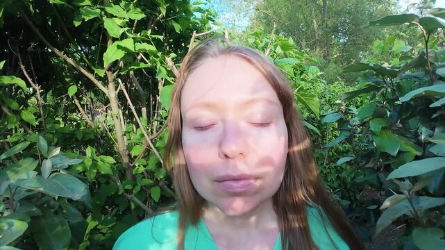 Woman in green nature mental health happiness concept