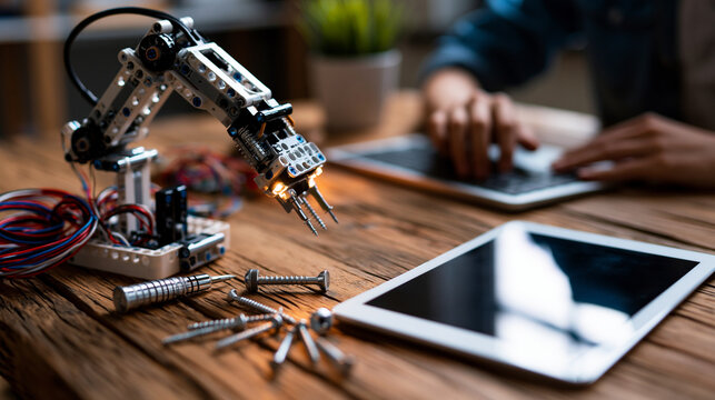 A small robotic arm kit with screws, wires and a tablet on a school technology classroom desk, teenage assembly concept, robotic arm kit, technology class, stem learning,