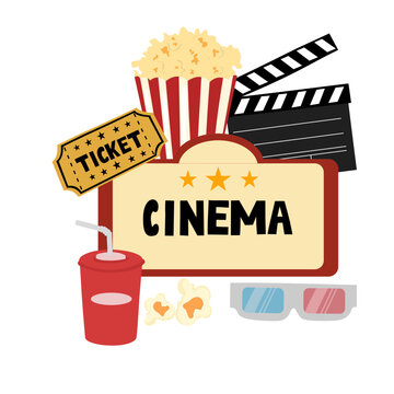 flat design cinema. ada popcorn, minuman soda, tiket bioskop 
