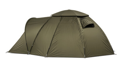 Olive green multi-room camping tent with zippered doors and windows, isolated on transparent background © Nicolas