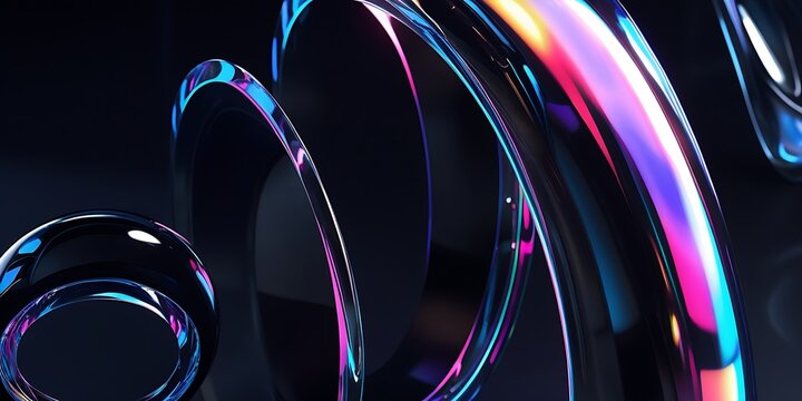 Liquid glass minimalist fluid 3D abstract background with iridescent glass rings on black &mdash; glossy ripple circles, chromatic light dispersion, rainbow reflections, neon glow highlights, metallic shimm
