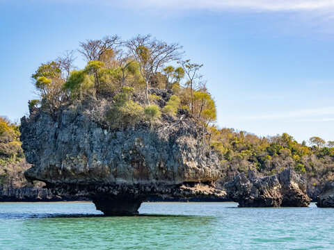 Limestone stacks tower over water with vegetation present near the coast of Madagascar