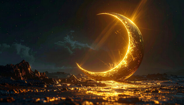 Glowing crescent moon over rocky terrain