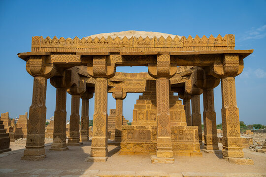 Chaukhandi tombs display intricate stone carvings and unique architecture in Karachi, Pakistan