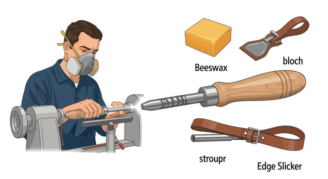Man performing woodturning and leather crafting with various tools and materials.
