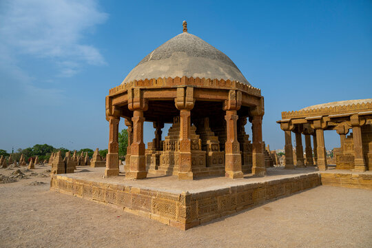 Chaukhandi tombs display intricate stone carvings and unique architectural design during daylight in Pakistan