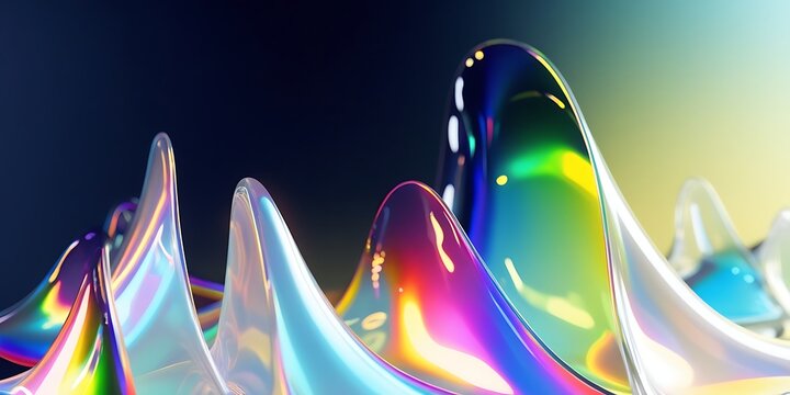 Iridescent chromatic liquid glass on dark abstract background. Futuristic 3D render with glossy transparent shapes, rainbow prism refraction, neon glow highlights, metallic shimmer and smooth m