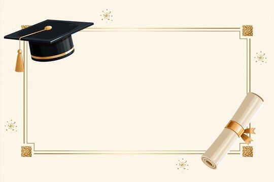 A decorative frame with a graduation cap and a rolled diploma on a light-colored background, suitable for invitations or announcements.