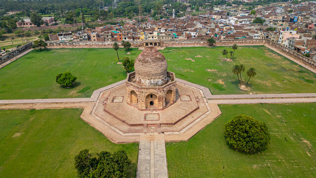Tomb of Asif Khan in Lahore is a historic site in Pakistan surrounded by a large garden area and local buildings