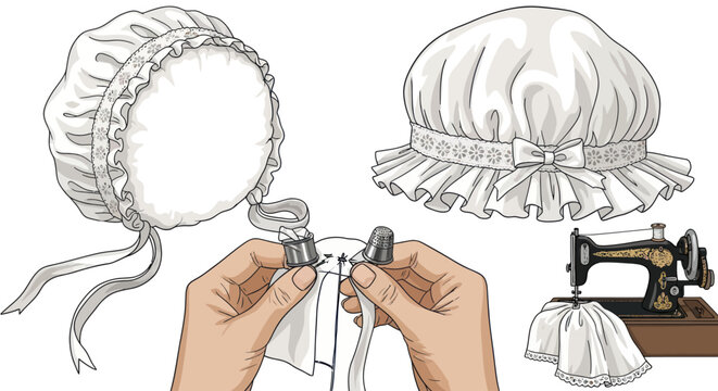 Handcrafting a vintage bonnet with a sewing machine and needle.