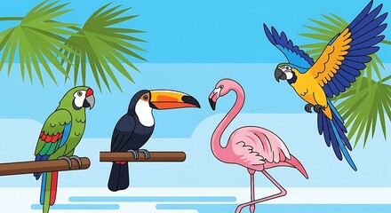 Naklejka premium Tropical birds colorful parrot toucan.