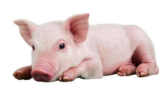 Adorable pink piglet resting peacefully, isolated on transparent background