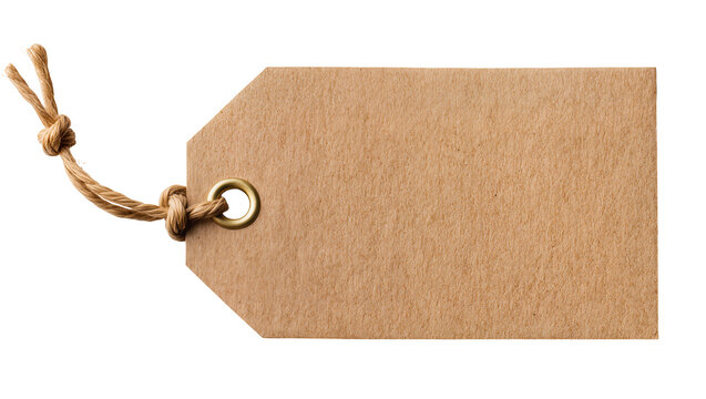 Brown kraft paper tag with jute string and metal eyelet, isolated on transparent background