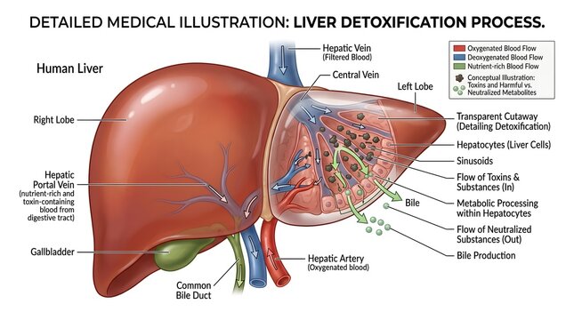 Detailed medical illustration of the human liver showing lobes, hepatic artery, portal vein and bile ducts with magnified hepatic lobule, explaining detoxification of harmful substances, nutrient proc