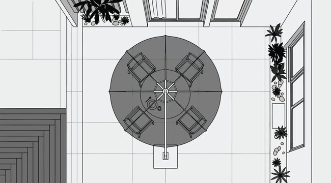 Top view of a patio dining area with a cantilever umbrella and garden beds