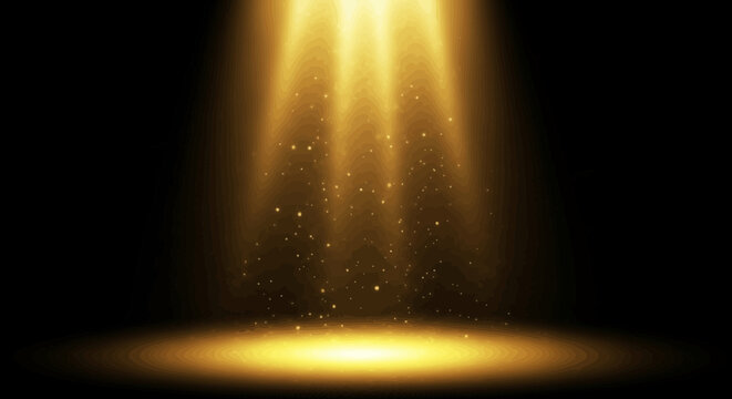 Golden spotlight effect with glittering particles on black background stage lighting