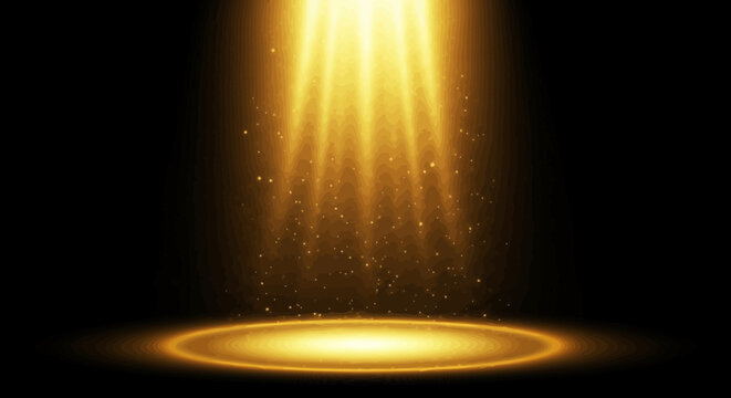Golden spotlight beam on black background dramatic lighting effect with glittering particles