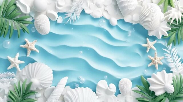 Beach frame with seashells and sea stars for travel concept. Summer holiday background with blue waves and tropical leaves for vacation card design, copy space