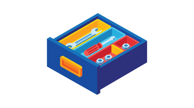 Isometric 3d illustration of a blue toolbox drawer filled with various metal tools screws and nuts showcasing organization and repair perfect for diy and maintenance concepts