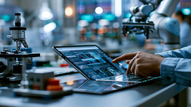 A digital tablet showing a robot vision system beside a calibration tool on a system integration workbench, robotics engineer setup, machine vision, end of arm tooling, system