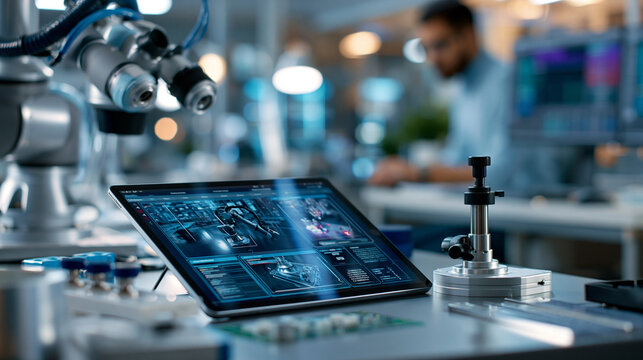 A digital tablet showing a robot vision system beside a calibration tool on a system integration workbench, robotics engineer setup, machine vision, end of arm tooling, system