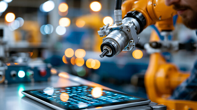 A robotic arm being adjusted on a factory floor with a tablet device resting on a nearby workbench, robot arm installation, factory test, control inspection, tablet device,