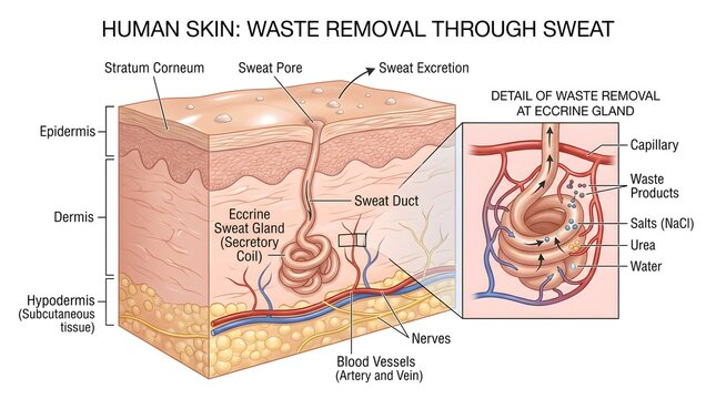 Cross‑section of human skin highlighting eccrine sweat gland coil, duct, pore and nearby blood vessels, with inset detailing waste removal through sweat, including water, salts and metabolic products 