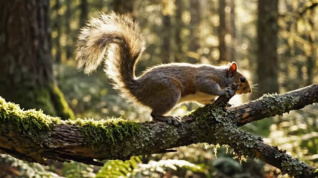 A lone eastern gray squirrel cautiously navigates a moss-covered tree branch, bathed in the warm, dappled sunlight filtering through a dense forest canopy, showcasing its bushy tail